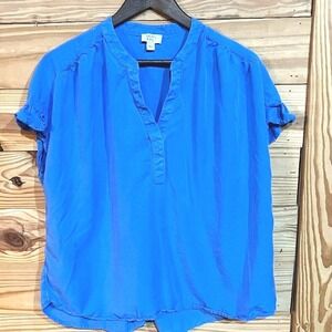 Women's Crown & Ivy Blue V-neck Ruffle Cap Sleeve Pullover Blouse Size Large